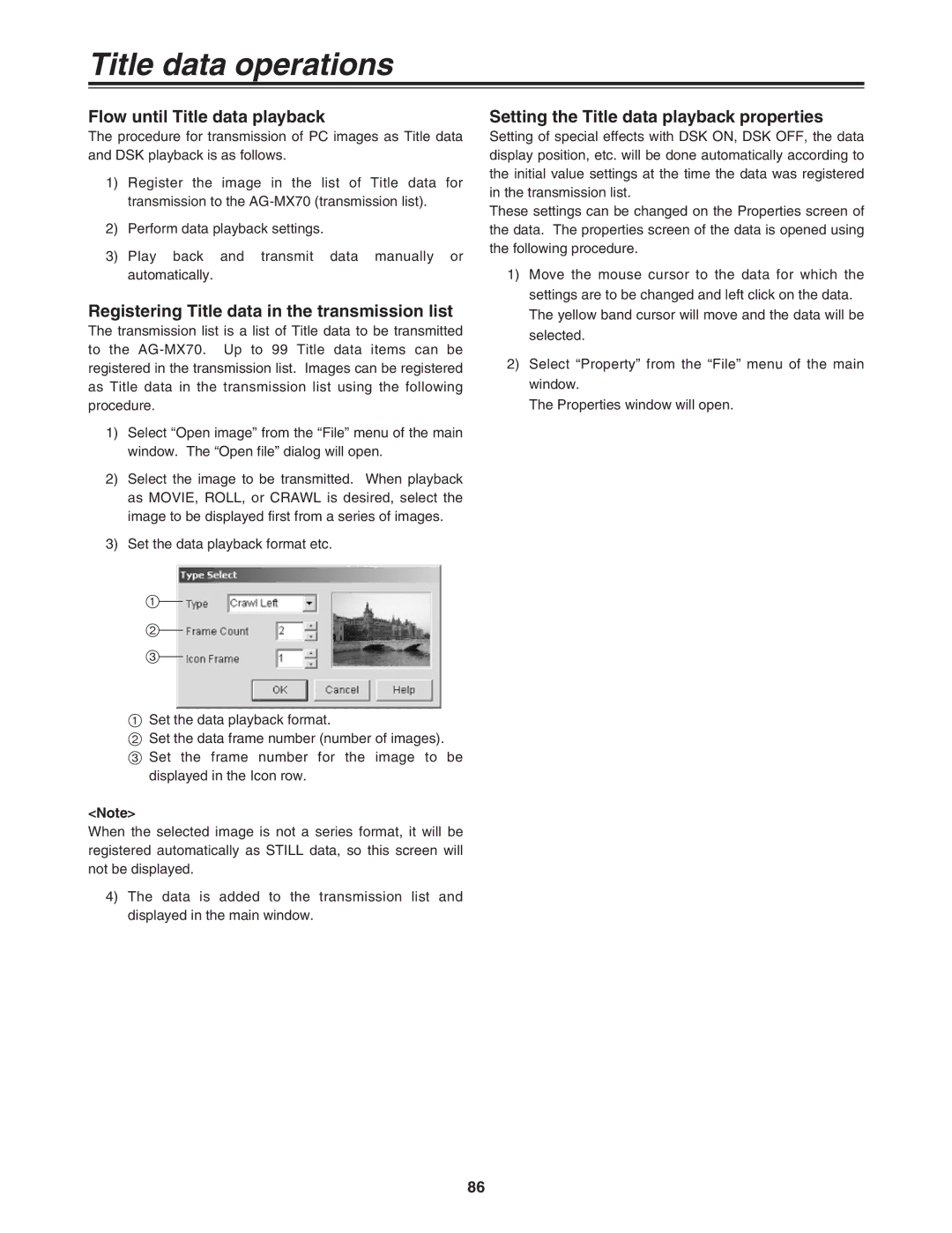 Panasonic AG-MX70 Title data operations, Flow until Title data playback, Registering Title data in the transmission list 