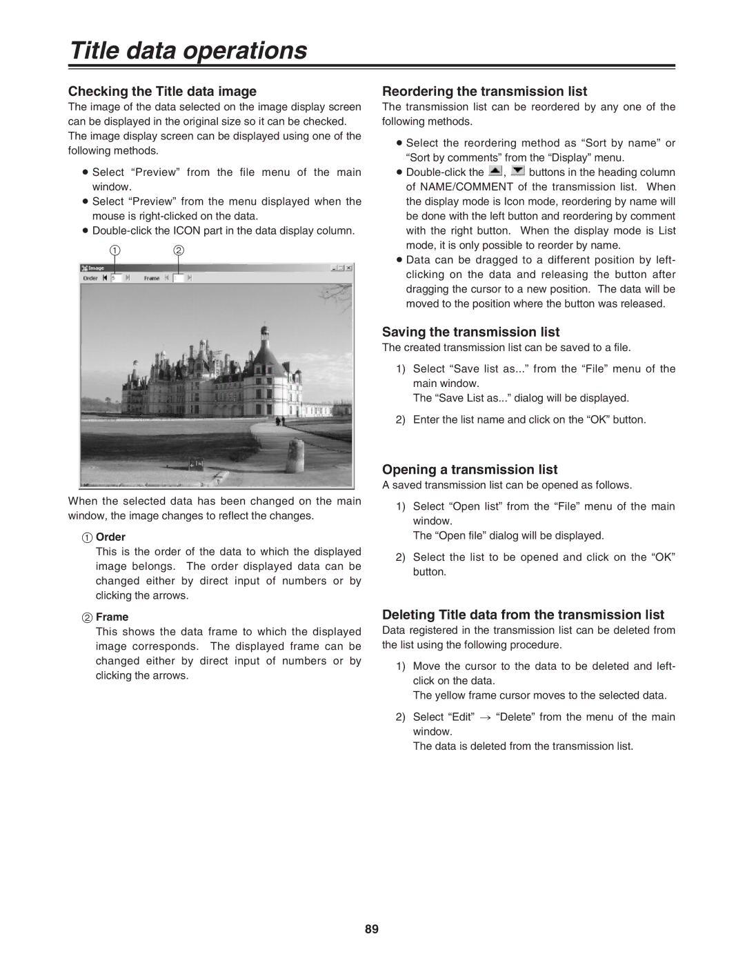 Panasonic AG-MX70 manual Checking the Title data image, Reordering the transmission list, Saving the transmission list 