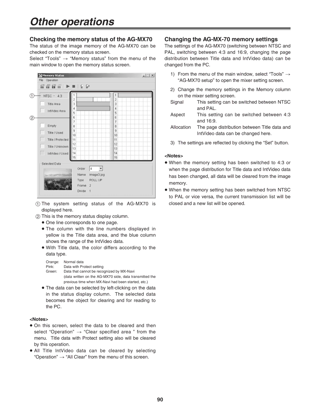 Panasonic manual Other operations, Checking the memory status of the AG-MX70, Changing the AG-MX-70 memory settings 