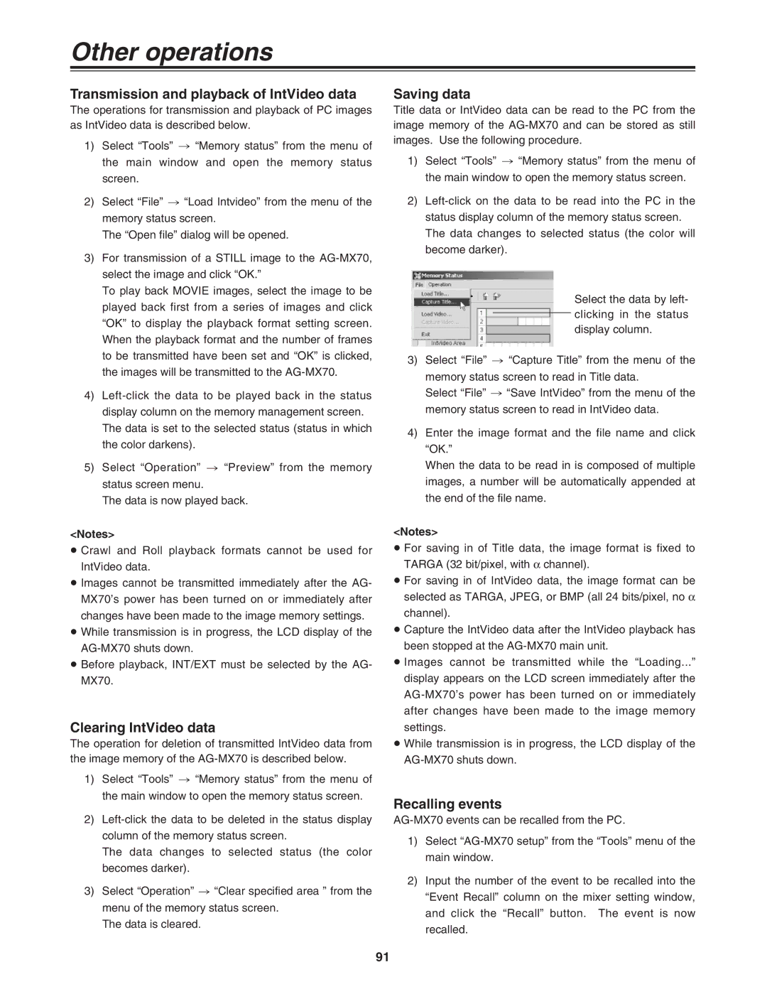 Panasonic AG-MX70 manual Transmission and playback of IntVideo data, Clearing IntVideo data, Saving data, Recalling events 