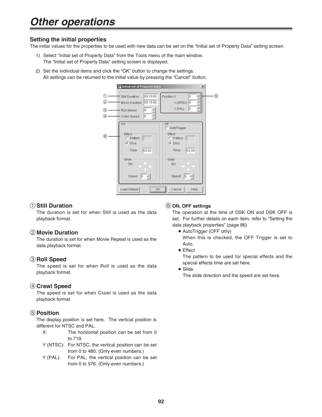 Panasonic AG-MX70 manual Setting the initial properties, Still Duration, Movie Duration, Roll Speed, Crawl Speed, Position 