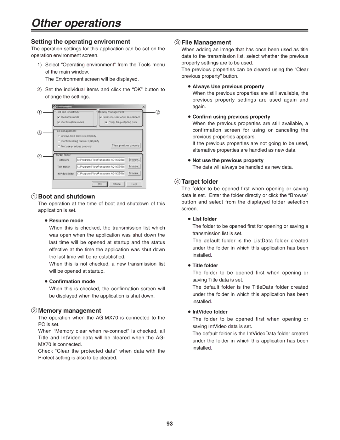 Panasonic AG-MX70 Setting the operating environment, Boot and shutdown, Memory management, File Management, Target folder 