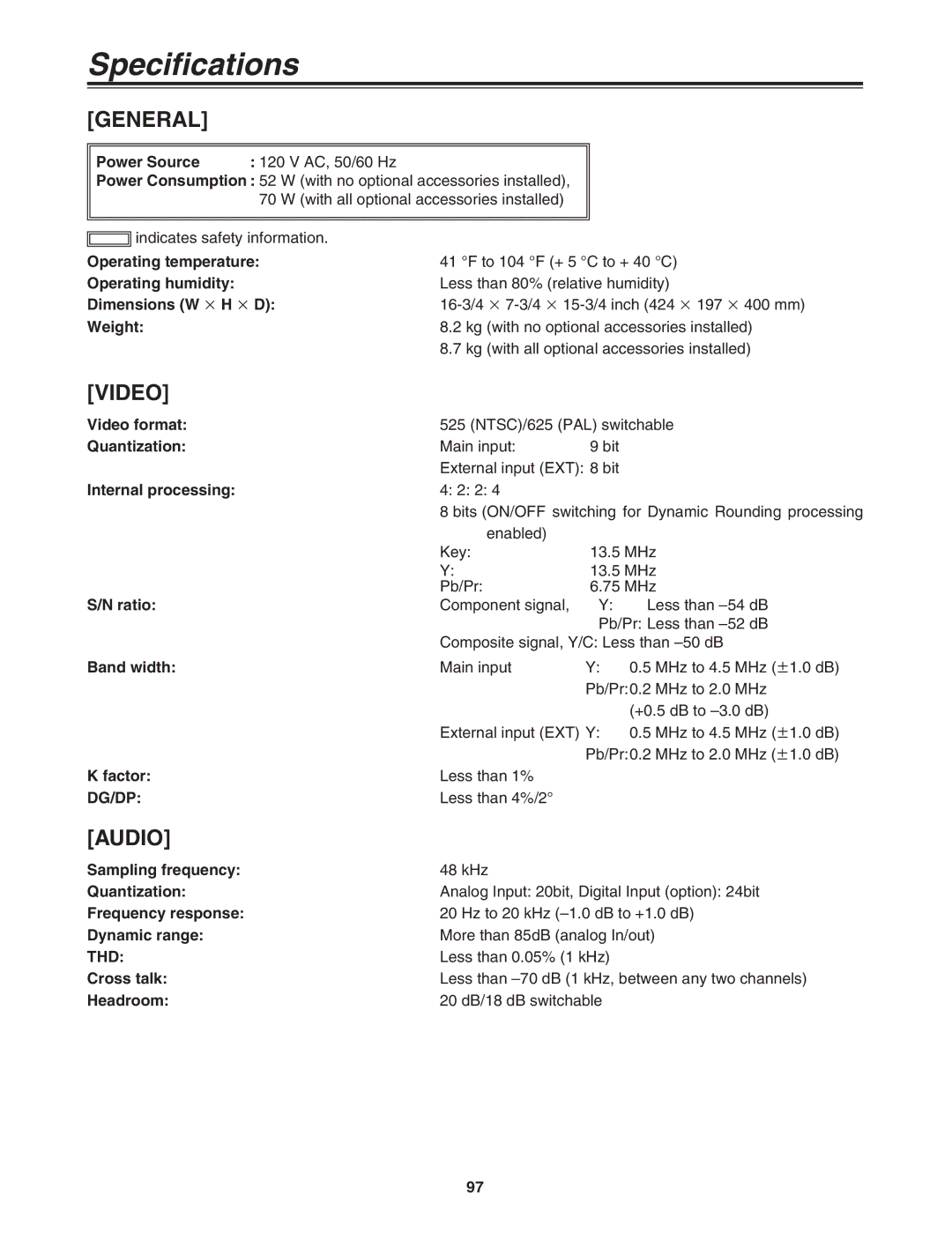 Panasonic AG-MX70 manual Specifications, General 