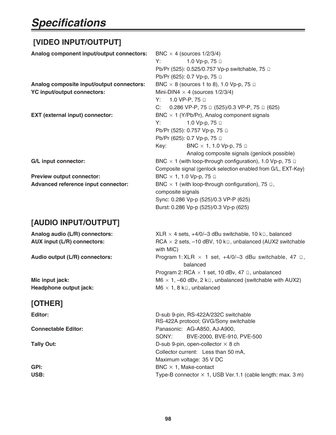 Panasonic AG-MX70 manual Video INPUT/OUTPUT 