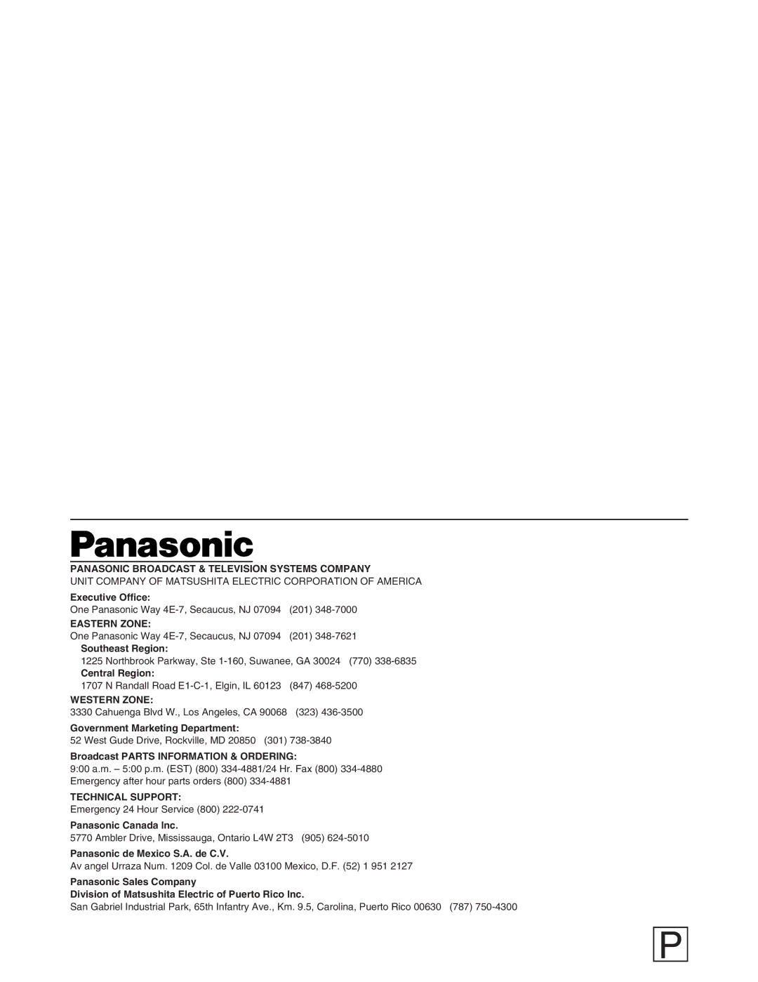 Panasonic AG-MX70P manual Executive Office, Southeast Region, Central Region, Government Marketing Department 