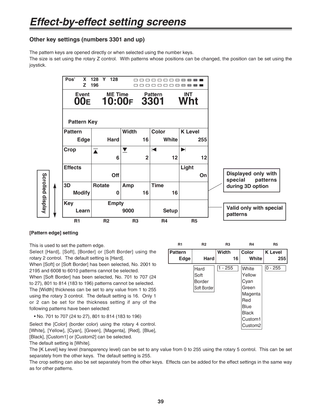 Panasonic AG-MX70P manual 1000F 3301 Wht, Other key settings numbers 3301 and up 