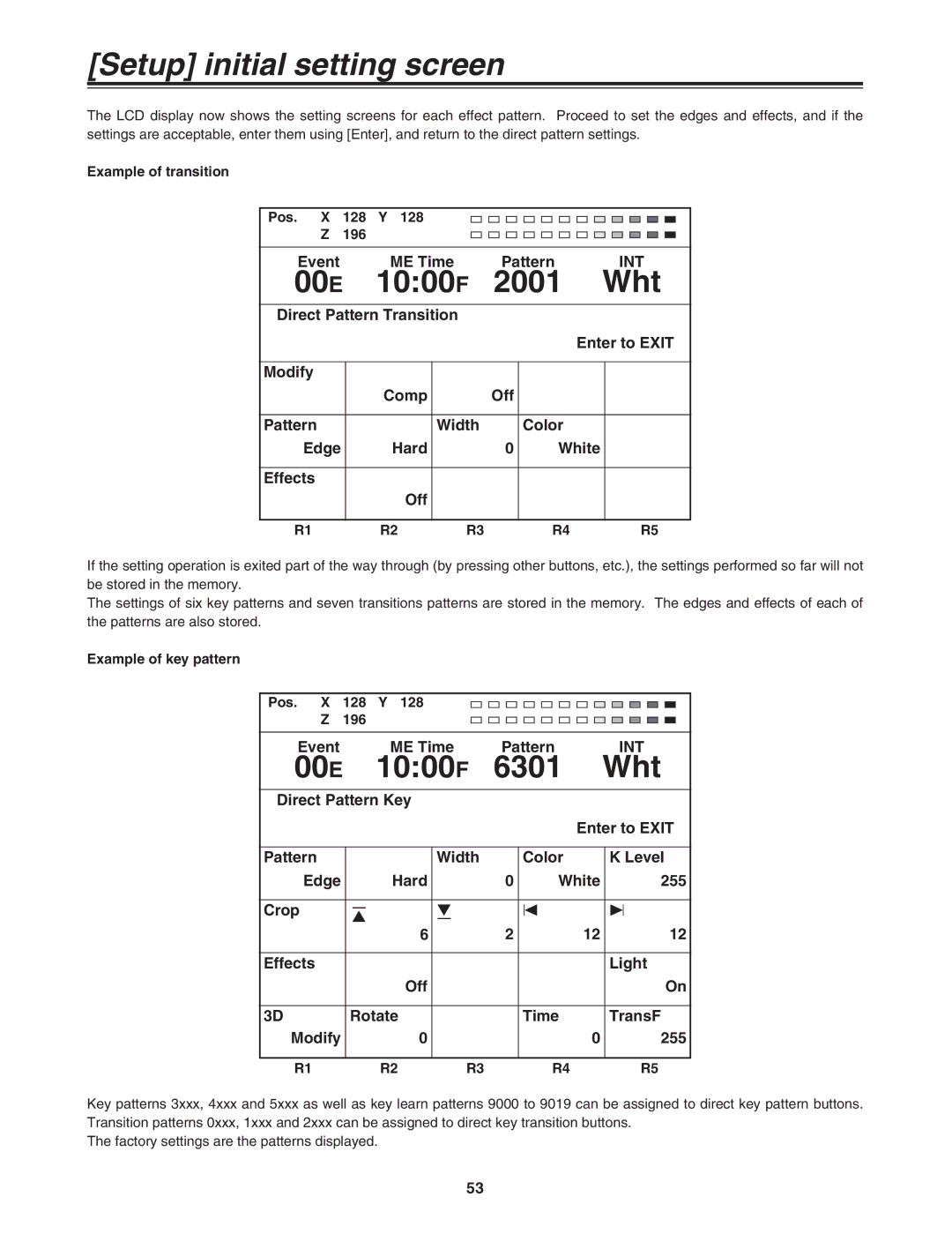 Panasonic AG-MX70P 00 E 1000 F 2001 Wht, 6301 Wht, Example of transition Pos 128 196, Example of key pattern Pos 128 196 