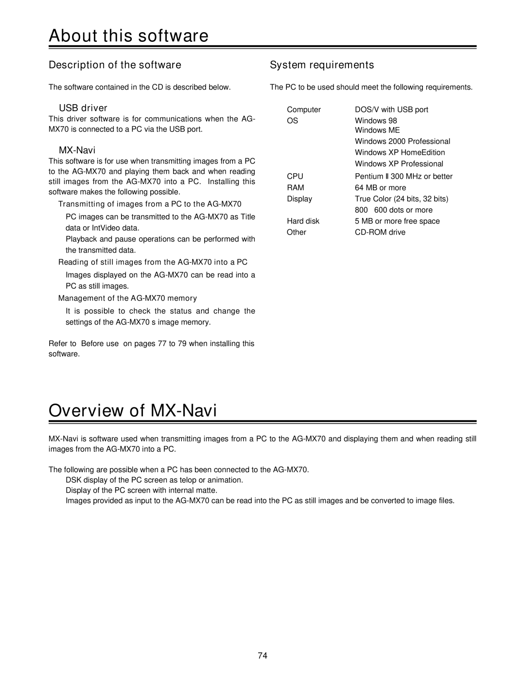 Panasonic AG-MX70P manual About this software, Overview of MX-Navi, USB driver 