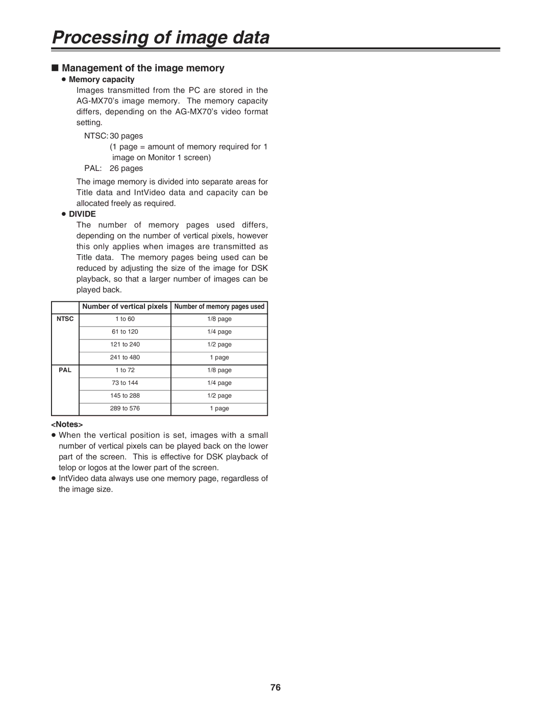 Panasonic AG-MX70P manual Management of the image memory, ≥ Memory capacity 