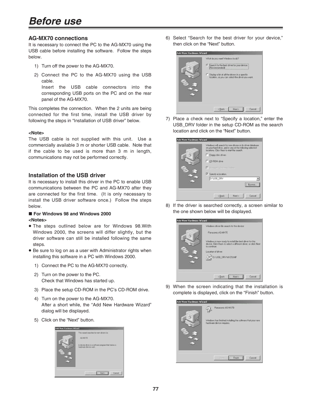 Panasonic AG-MX70P Before use, AG-MX70 connections, Installation of the USB driver, For Windows 98 and Windows 2000 Notes 