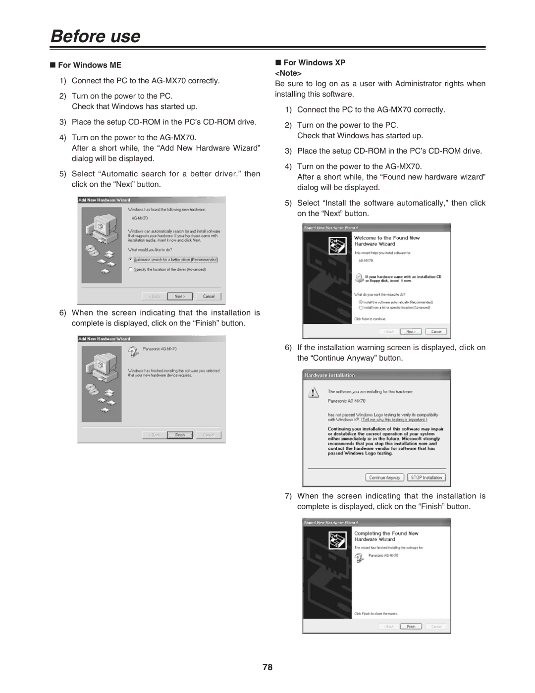 Panasonic AG-MX70P manual For Windows ME, For Windows XP Note 