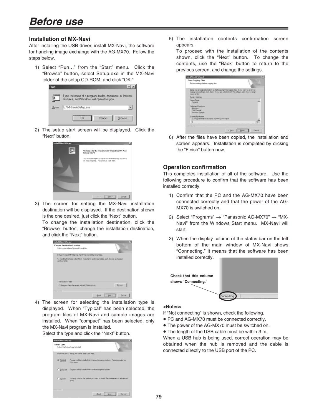 Panasonic AG-MX70P manual Installation of MX-Navi, Operation confirmation 