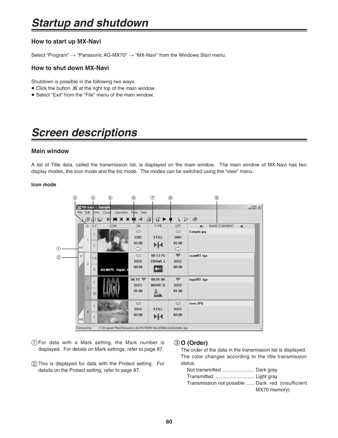 Panasonic AG-MX70P manual Startup and shutdown, Screen descriptions 