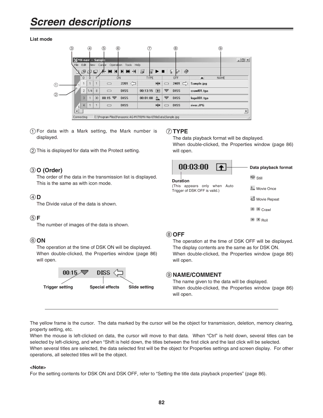 Panasonic AG-MX70P manual 9NAME/COMMENT, Trigger setting Special effects Slide setting 