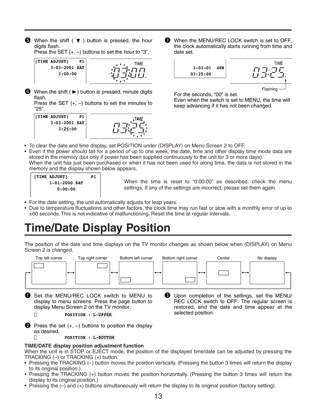 Panasonic AG-RT850P manual Time/Date Display Position, TIME/DATE display position adjustment function 