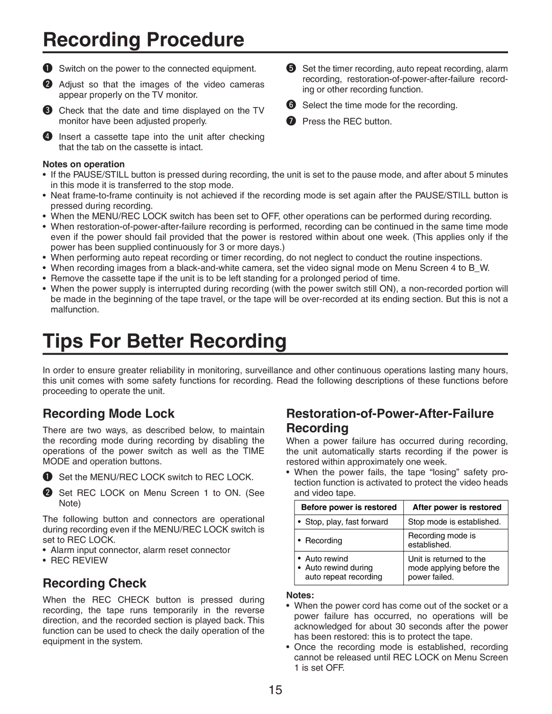 Panasonic AG-RT850P manual Recording Procedure, Tips For Better Recording, Recording Mode Lock, Recording Check 