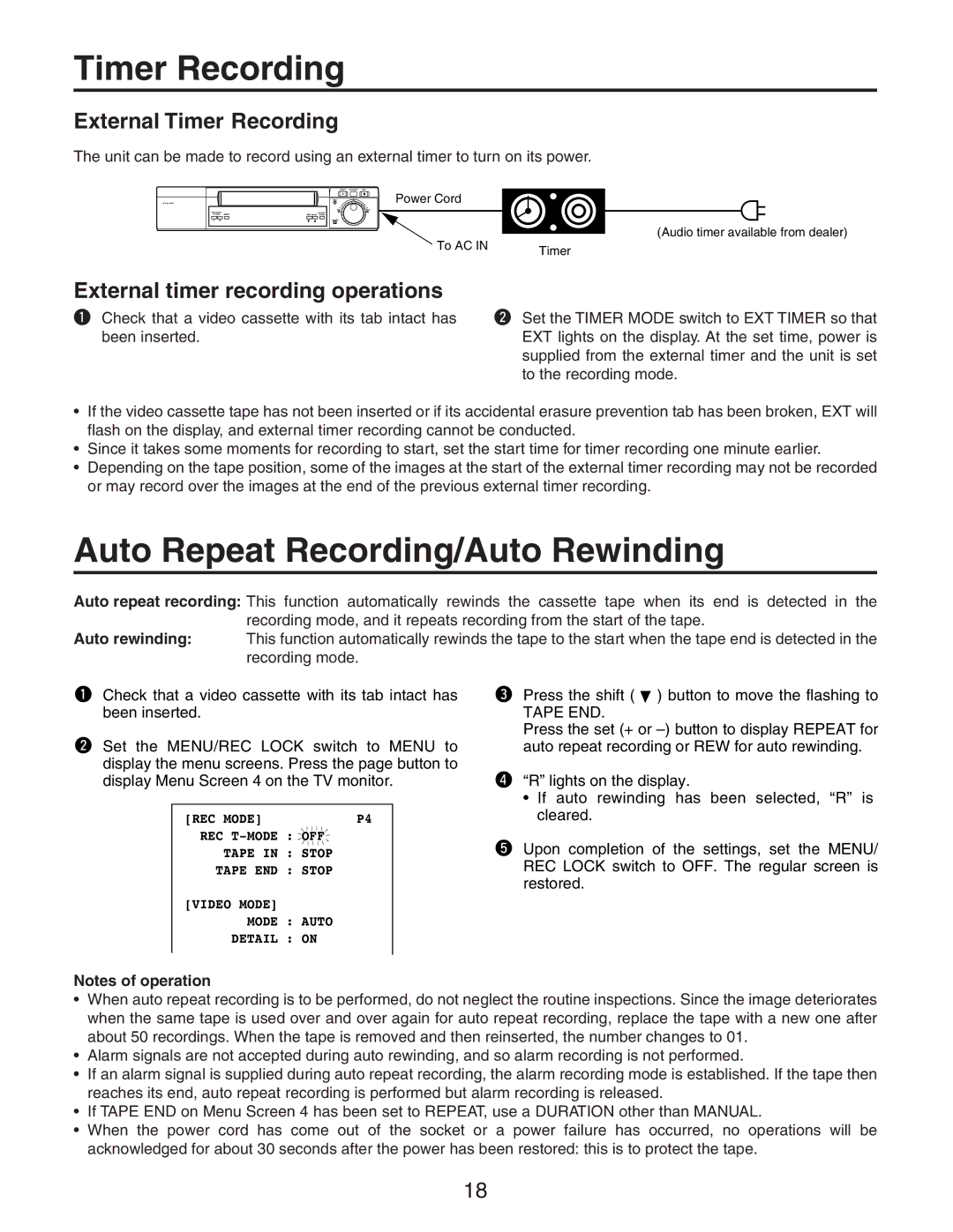 Panasonic AG-RT850P Auto Repeat Recording/Auto Rewinding, External Timer Recording, External timer recording operations 