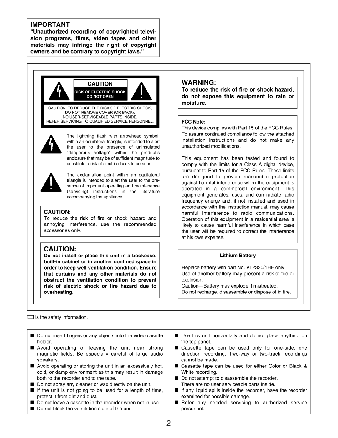 Panasonic AG-RT850P manual FCC Note, Do not Open 