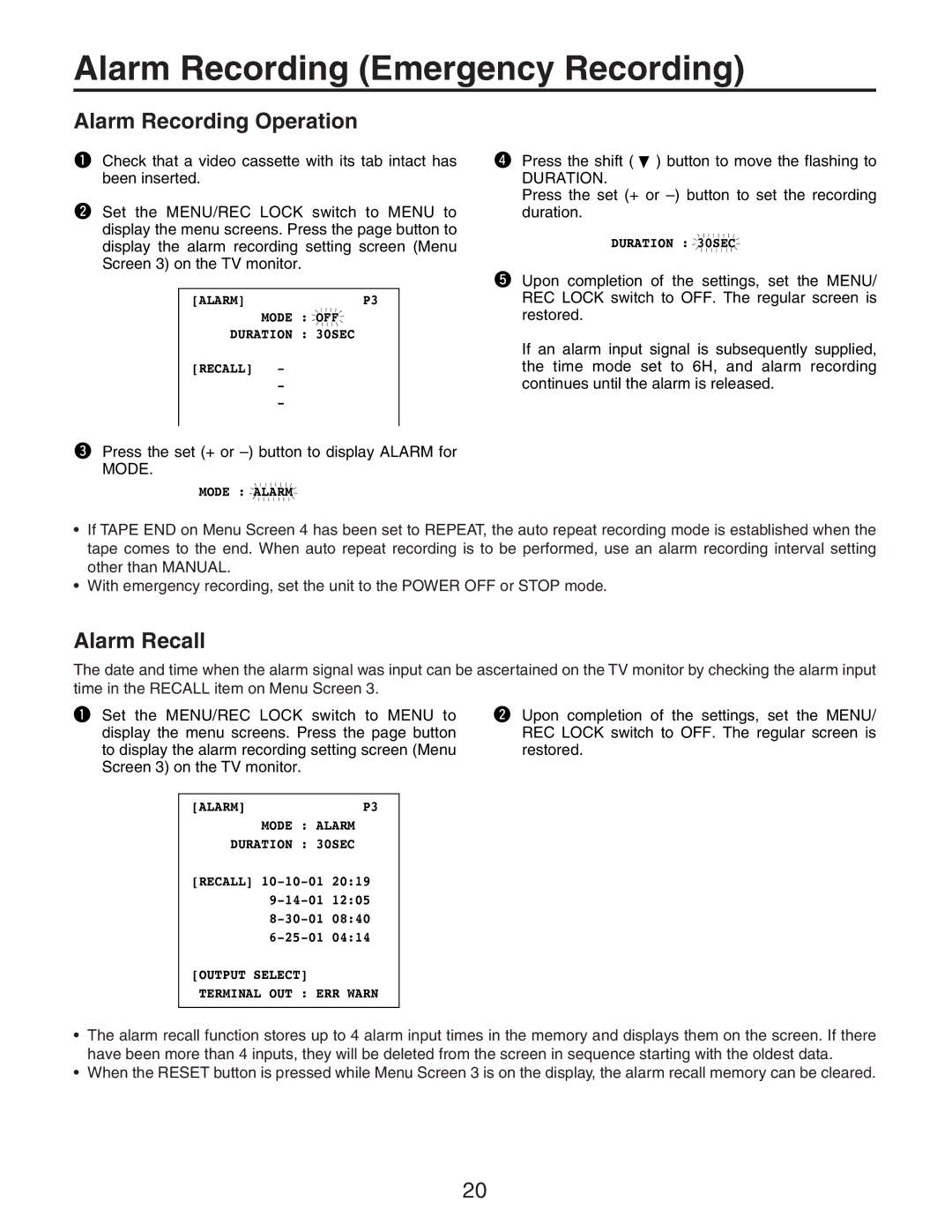 Panasonic AG-RT850P manual Alarm Recording Operation, Alarm Recall 