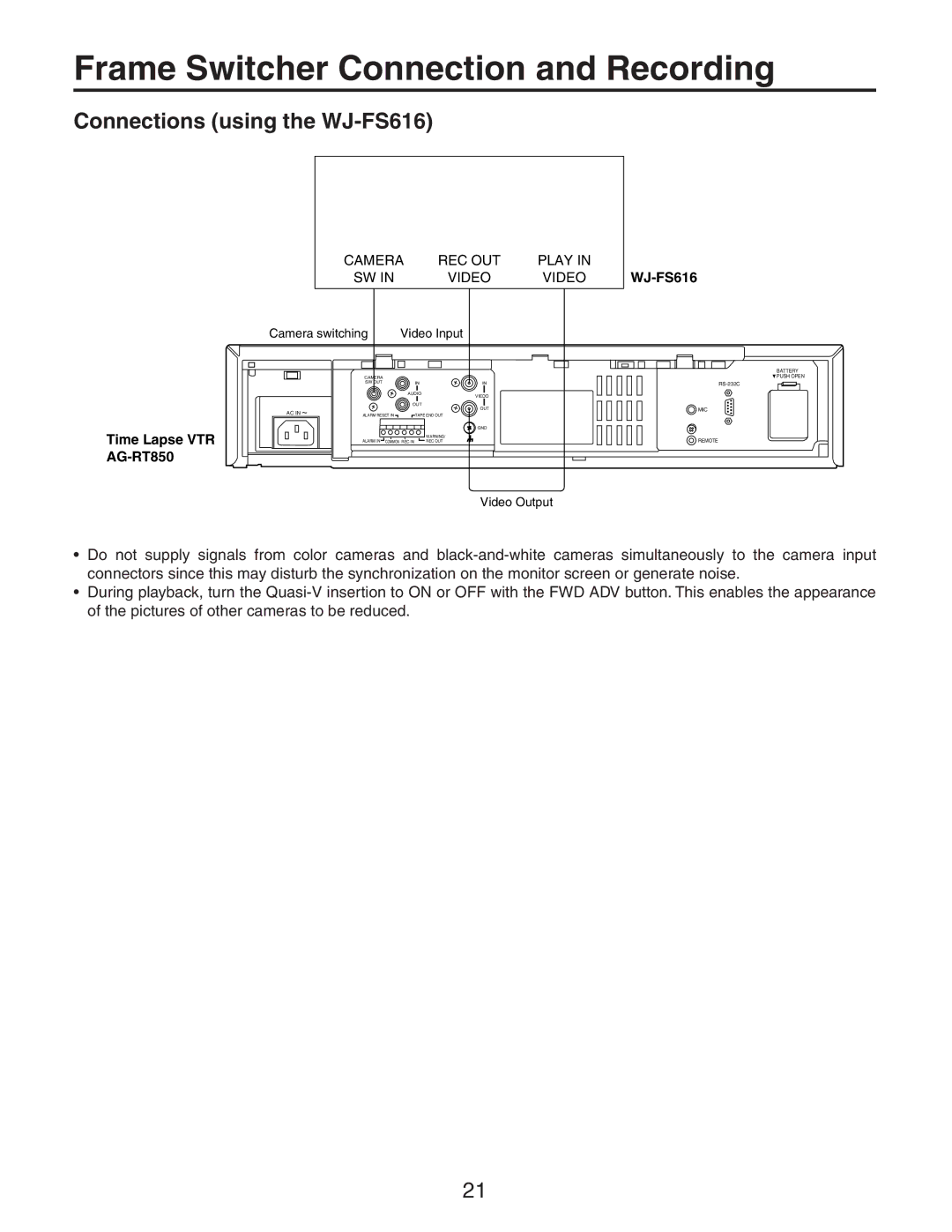 Panasonic AG-RT850P manual Frame Switcher Connection and Recording, Connections using the WJ-FS616, Time Lapse VTR AG-RT850 