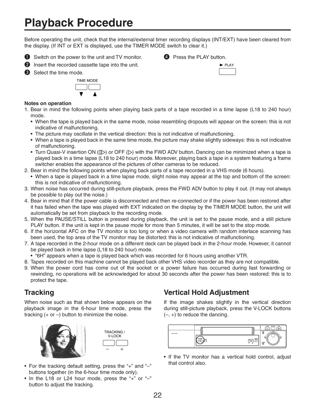 Panasonic AG-RT850P manual Playback Procedure, Tracking, Vertical Hold Adjustment 