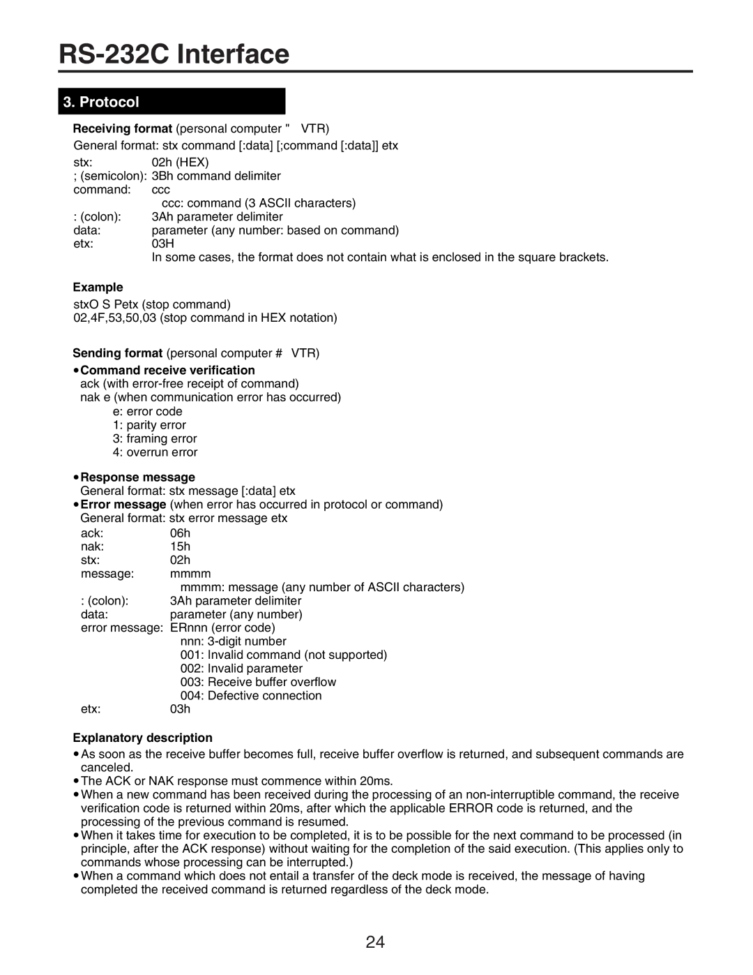 Panasonic AG-RT850P manual Example, ¥ Command receive verification, ¥ Response message, Explanatory description 