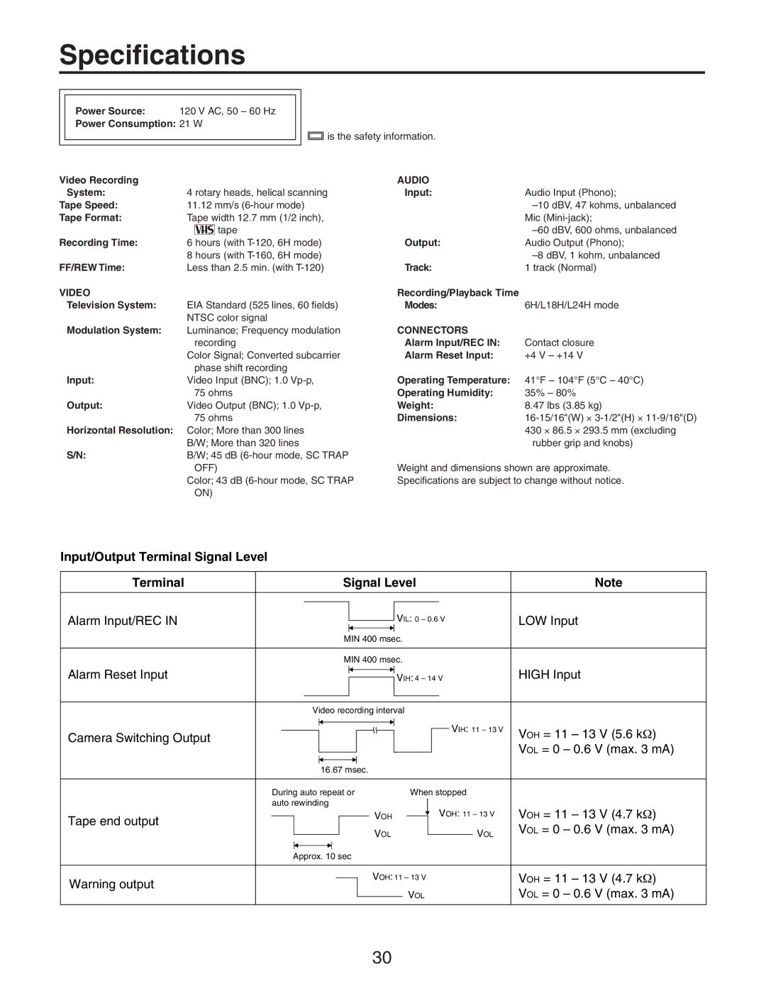 Panasonic AG-RT850P manual Specifications, Input/Output Terminal Signal Level 