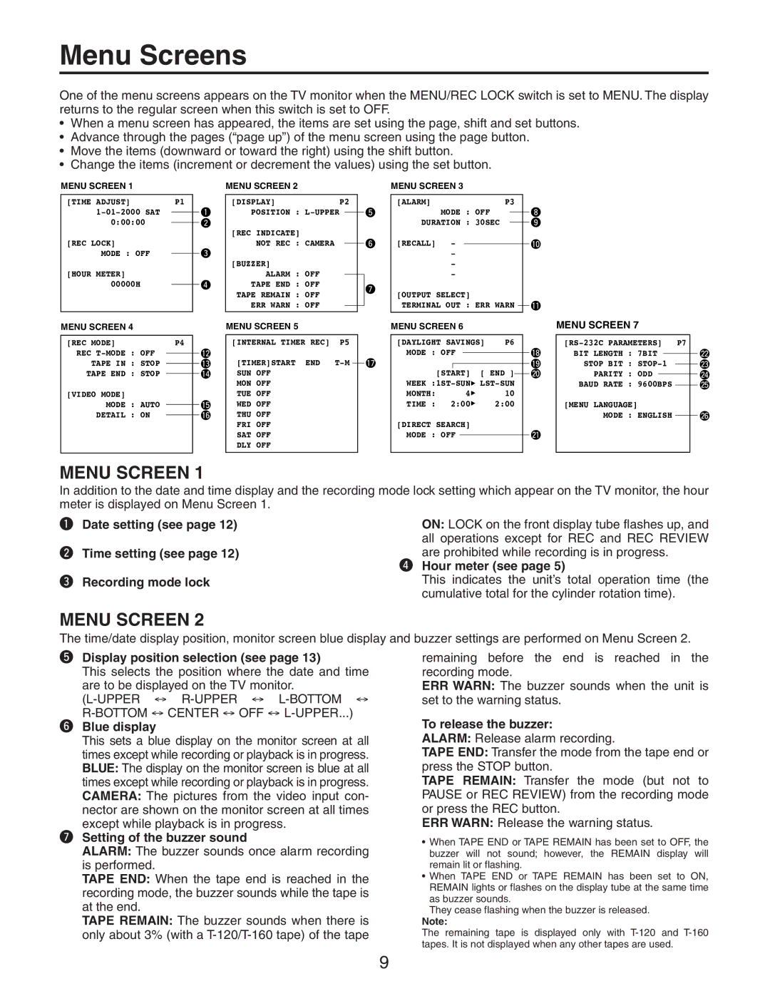 Panasonic AG-RT850P manual Menu Screens 