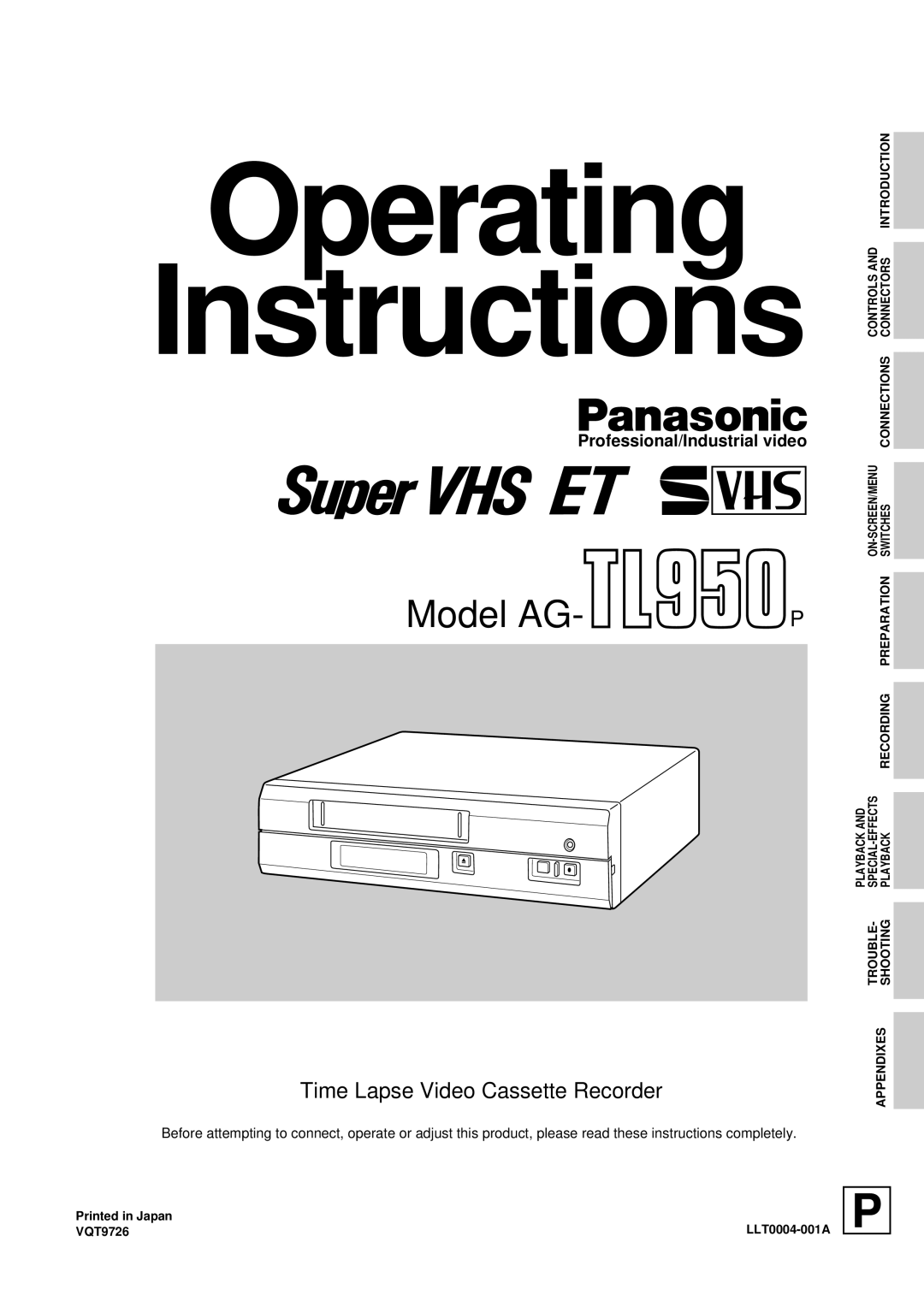 Panasonic AG-TL950 appendix Operating, VQT9726 