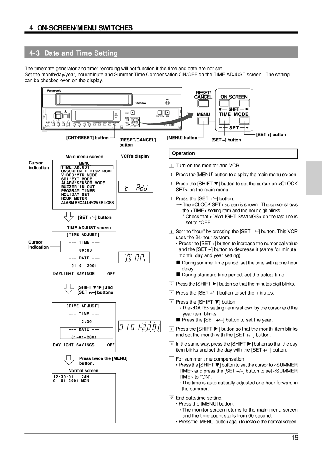 Panasonic AG-TL950 appendix Date and Time Setting, Time setting item and the hour digit blinks, Set to OFF 