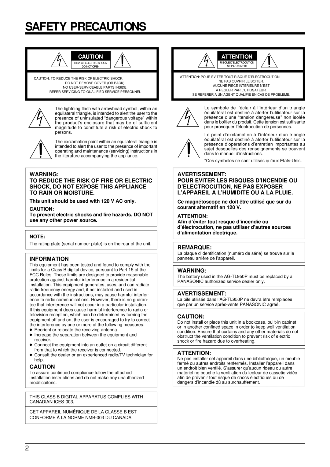 Panasonic AG-TL950 appendix Safety Precautions, Information 