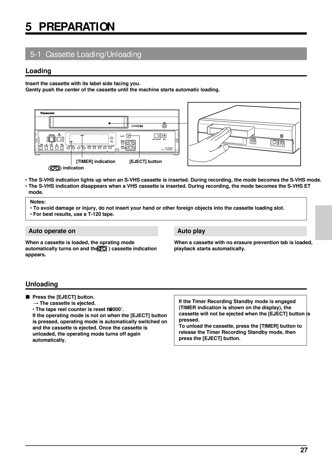 Panasonic AG-TL950 appendix Preparation, Cassette Loading/Unloading, Auto operate on, Auto play, Press the Eject button 