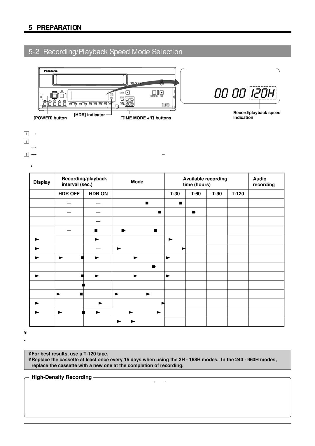 Panasonic AG-TL950 appendix Preparation, Recording/Playback Speed Mode Selection, High-Density Recording, 120 