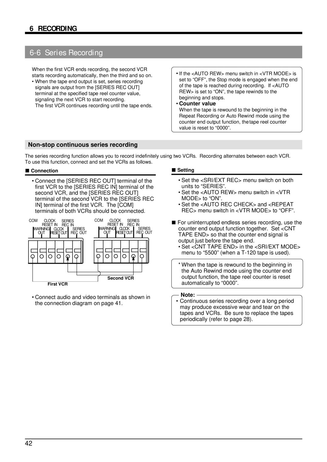 Panasonic AG-TL950 appendix Non-stop continuous series recording, Counter value, Connection Setting, Second VCR First VCR 