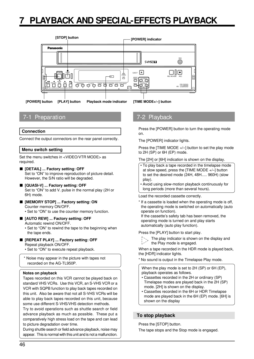 Panasonic AG-TL950 appendix Preparation, Playback, To stop playback, Menu switch setting 