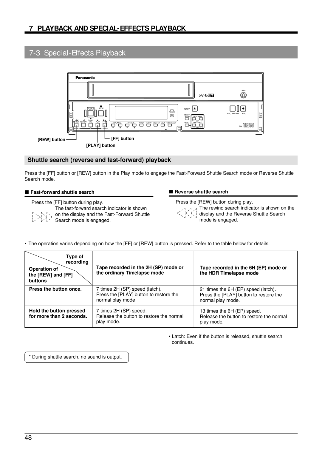 Panasonic AG-TL950 Shuttle search reverse and fast-forward playback, Fast-forward shuttle search Reverse shuttle search 