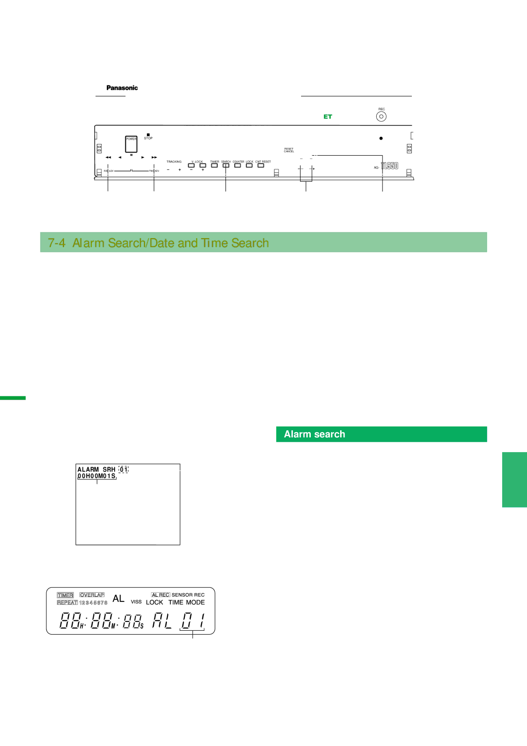 Panasonic AG-TL950 appendix Alarm Search/Date and Time Search, Alarm search setting screen, VCR’s display, Alarm number 