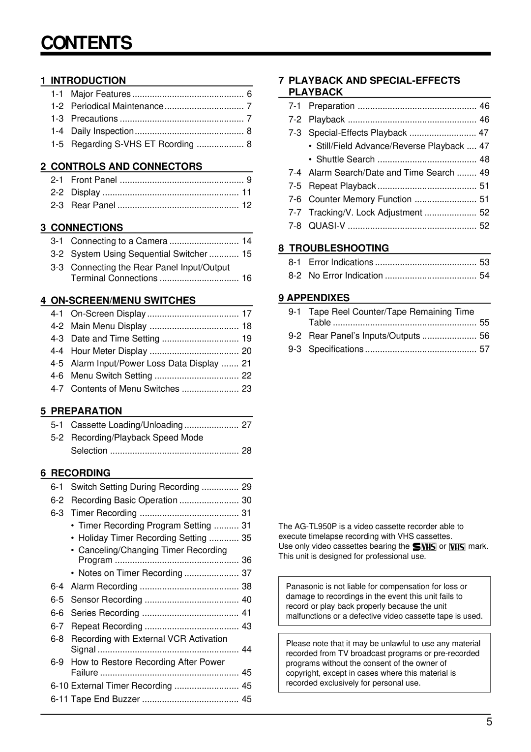 Panasonic AG-TL950 appendix Contents 