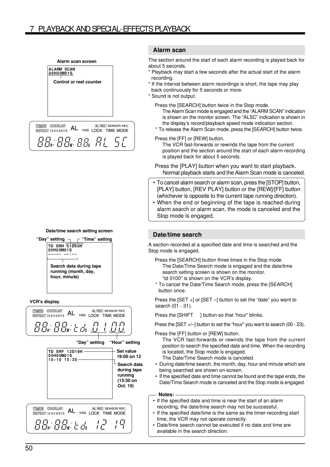 Panasonic AG-TL950 Alarm scan, Date/time search, Is located, the Stop mode is engaged, Date/Time Search mode is canceled 