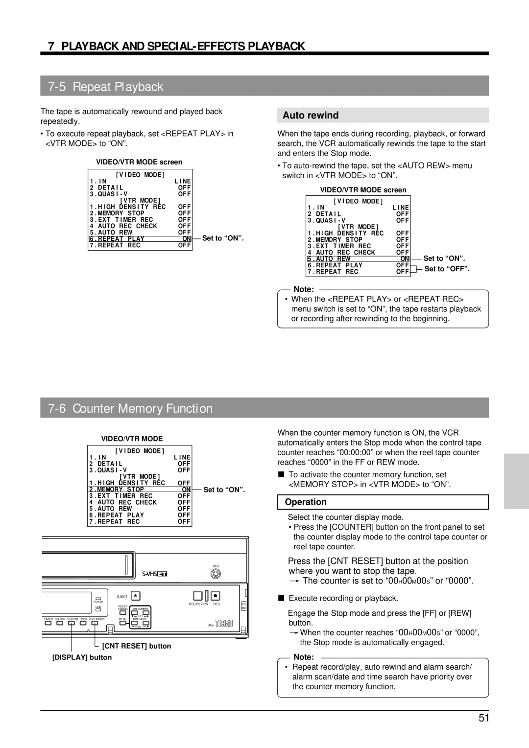 Panasonic AG-TL950 appendix Repeat Playback, Counter Memory Function, Auto rewind, CNT Reset button Display button 