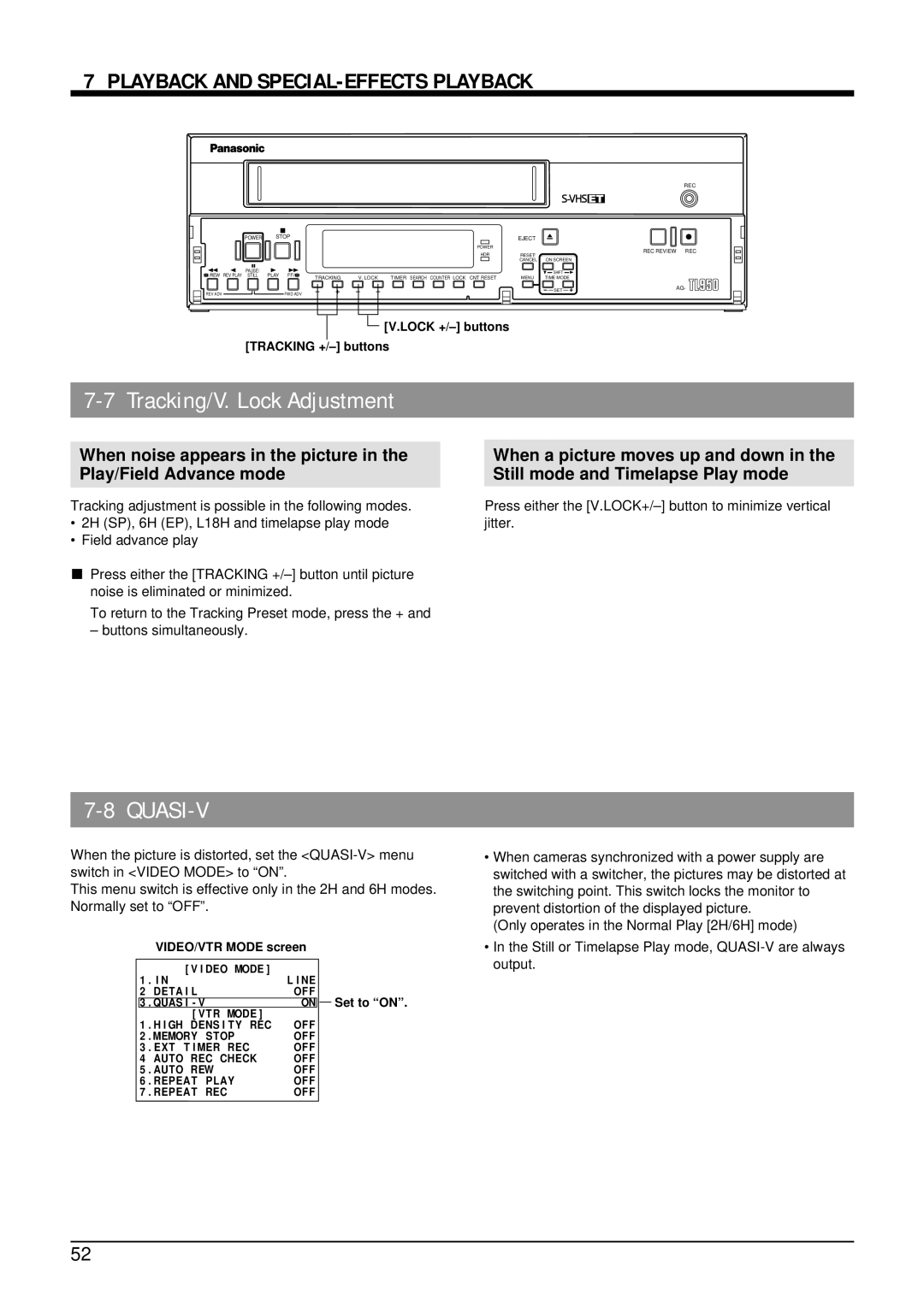 Panasonic AG-TL950 appendix Tracking/V. Lock Adjustment, Lock +/- buttons Tracking +/- buttons 