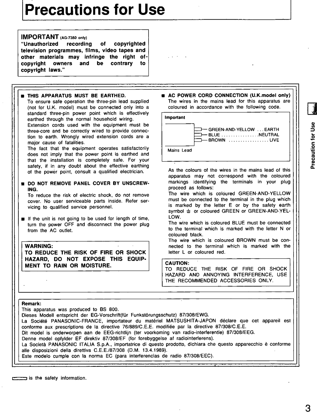 Panasonic AG7150 manual 