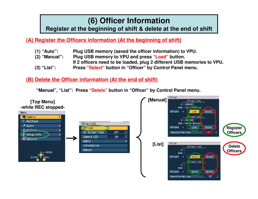 Panasonic AGCK10P manual Officer Information, List Press Select button in Officer by Control Panel menu 