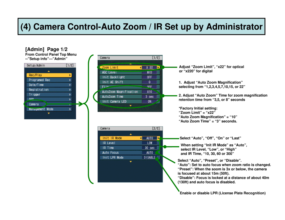 Panasonic AGCK10P manual Camera Control-Auto Zoom / IR Set up by Administrator 