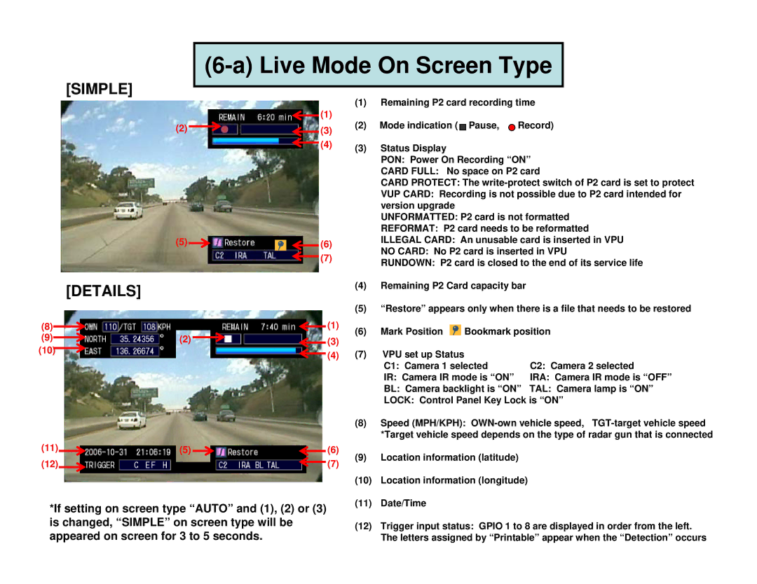 Panasonic AGCK10P manual Live Mode On Screen Type, Details 