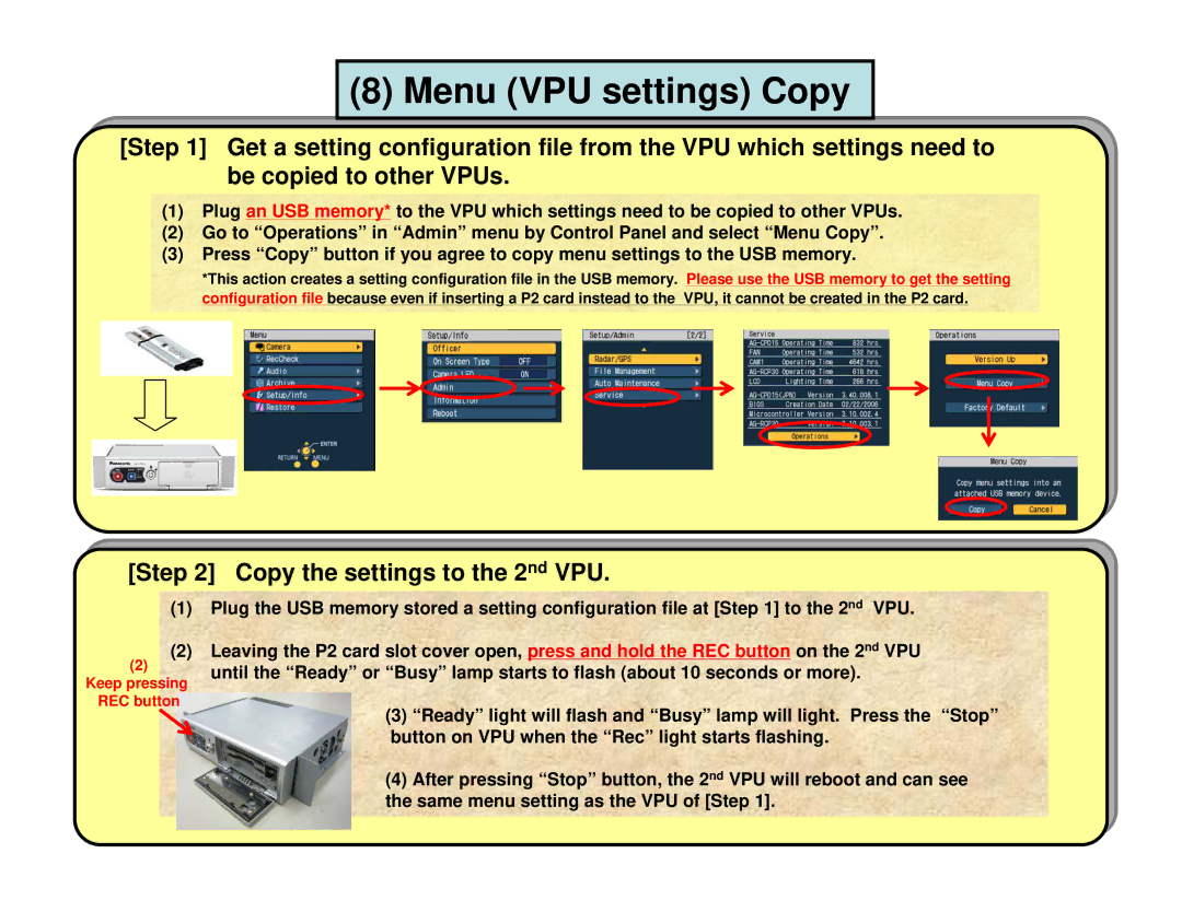 Panasonic AGCK10P manual Menu VPU settings Copy, Copy the settings to the 2nd VPU 