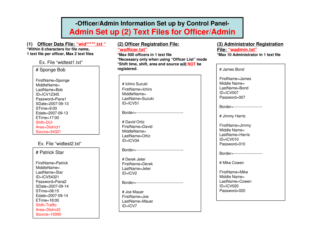 Panasonic AGCK10P manual Admin Set up 2 Text Files for Officer/Admin 