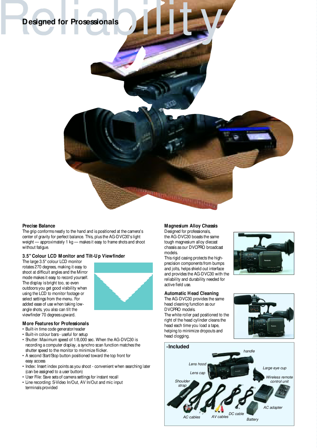 Panasonic AGDVC30E5 manual Precise Balance, Colour LCD Monitor and Tilt-Up Viewfinder, More Features for Professionals 