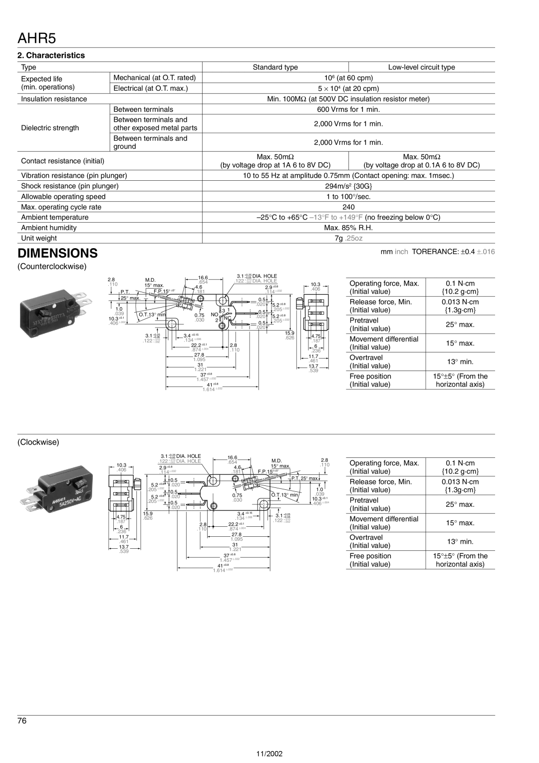 Panasonic AHR5 specifications Dimensions, Characteristics, Counterclockwise, Clockwise 