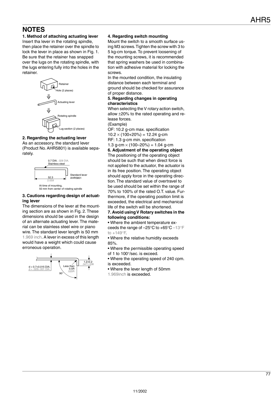 Panasonic AHR5 specifications Regarding switch mounting, Regarding changes in operating characteristics 